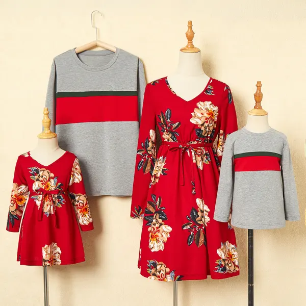 Floral Dress And Striped T-shirt Family Matching Outfits - Popopiearab.com 