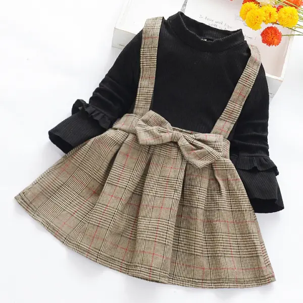 【18M-7Y】Girls Band Collar Long Sleeved Knitted T-shirt and Plaid Suspender Skirt Set - 34213 - Popopieshop.com 