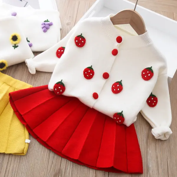 【12M-7Y】Cute Fruit Jacquard Lapel Sweater and Skirt Set - Popopiestyle.com 