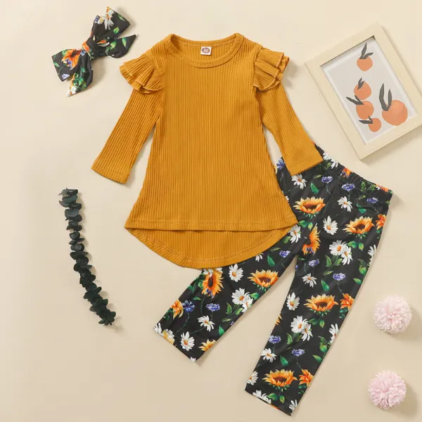 【12M-7Y】Girls Yellow Round Neck T-Shirt Floral Pants Set With Headband - Popopiearab.com 
