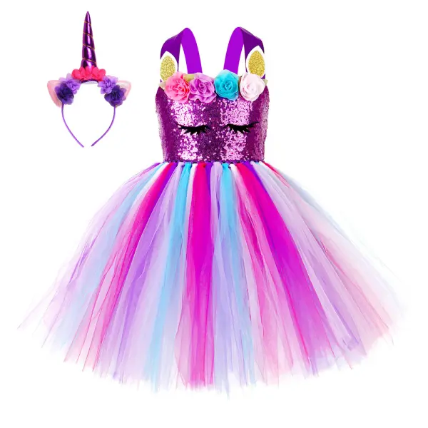 【12M-7Y】Girl Sweet Unicorn Sequin Rainbow Mesh Princess Dress With Hair Accessories - Popopieshop.com 