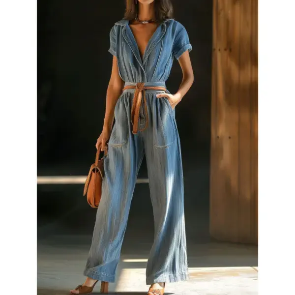 Women's V-Neck Retro Lace-Up Pocket Long-Sleeved Wide-Leg Denim Jumpsuit - Ootdyouth.com 