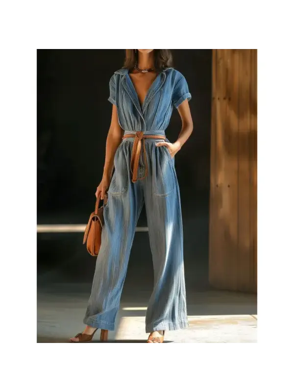 Women's V-Neck Retro Lace-Up Pocket Long-Sleeved Wide-Leg Denim Jumpsuit - Ootdmw.com 