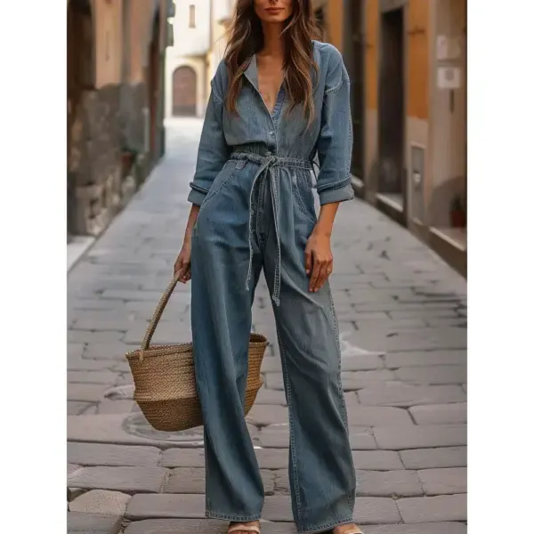 Women's Retro Drawstring Lace-Up Long-Sleeved Wide-Leg Denim Jumpsuit - Spiretime.com 