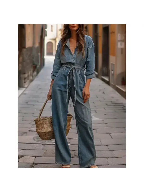 Women's Retro Drawstring Lace-Up Long-Sleeved Wide-Leg Denim Jumpsuit - Ootdmw.com 