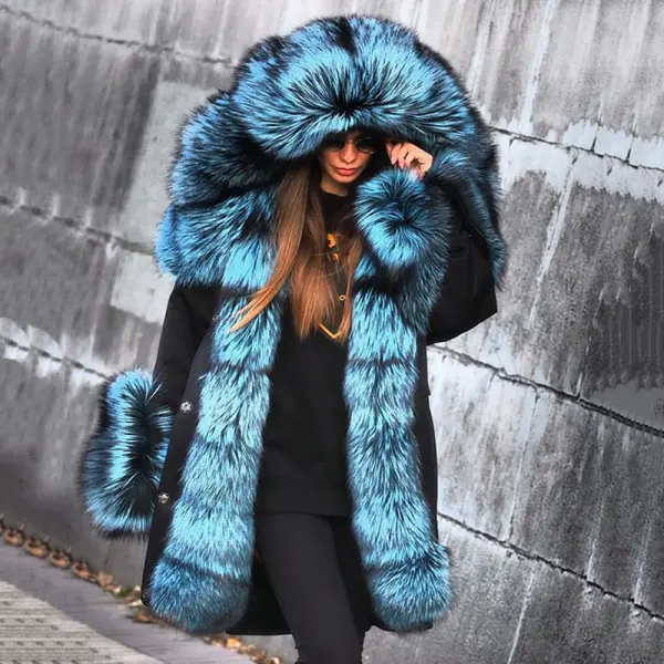 Fashion blue hooded large fur collar black coat - Leanarea.chimpone.com 
