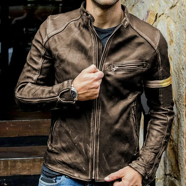 Men's Stand-up Collar Punk Motorcycle Retro Leather Jacket - Mobilittle.com 