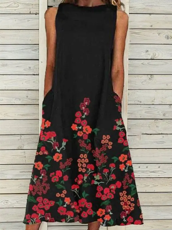 Ladies Sleeveless Pocket Round Neck Print Maxi Dress - Oasisjoy.com 