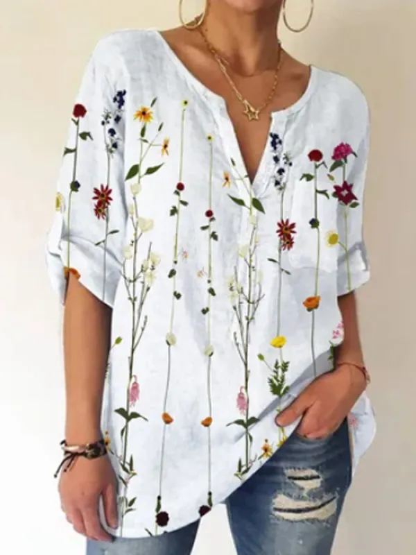 Ladies V-neck Floral Print Fashion Short-sleeved Blouse - Oasisjoy.com 