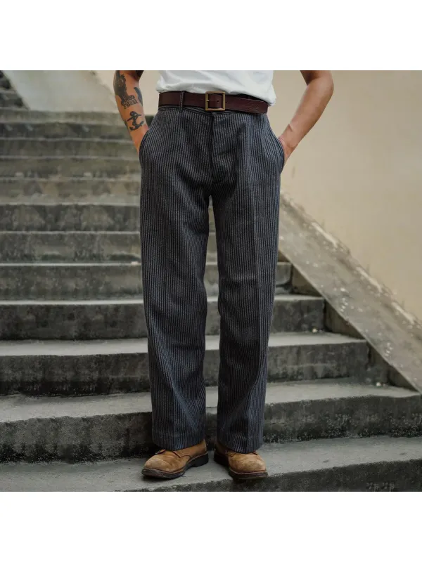 1930s French Tooling Striped Straight Retro Trousers - Machoup.com 