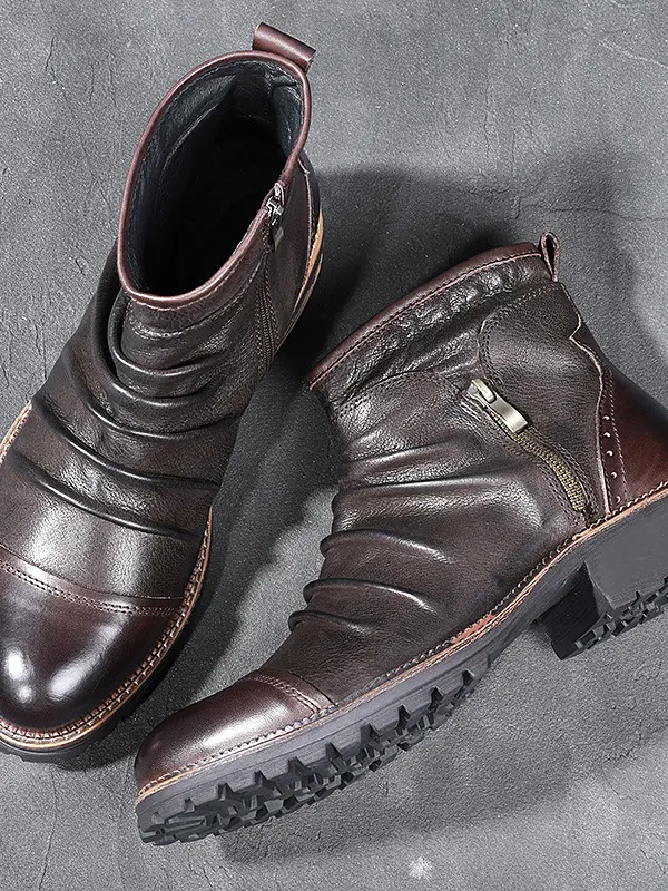Vintage Zip Round Tie Leather Boots - Businesuniontrade.com 