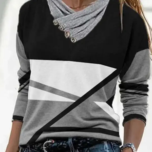 Fashion Color Matching Pile Collar Long-sleeved Casual T-shirt - Rabclub.com 