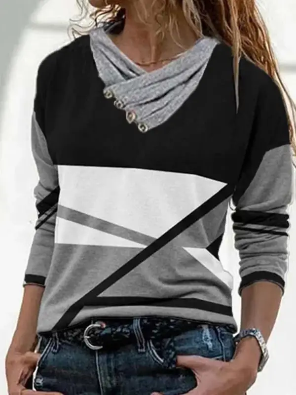Fashion Color Matching Pile Collar Long-sleeved Casual T-shirt - Simplyion.com 
