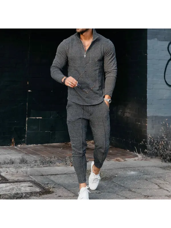 Curve Texture Long-sleeved Polo And Sweatpants Set - Cominbuy.com 