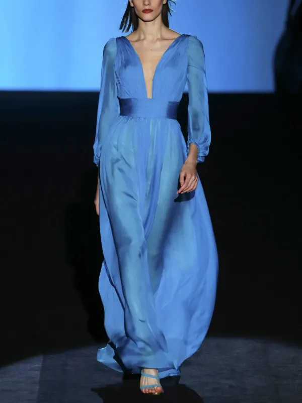 Blue V-neck Faux Silk Puff Sleeve Long Dress Only $32.40 - Ininrubyclub.com
