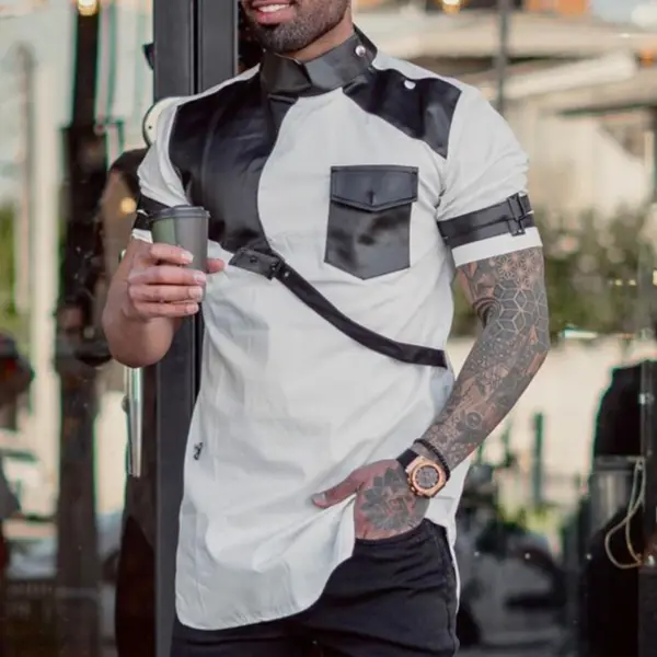 Men's Patchwork Asymmetric Short Sleeve Shirt - Keymimi.com 