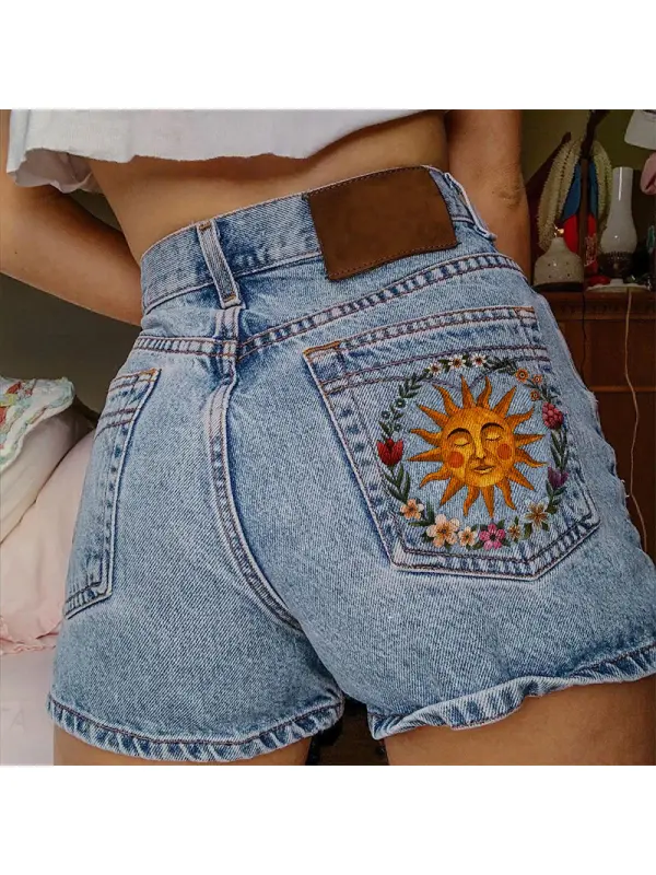 Vacation Fashion Sun Print Denim Shorts Casual - Anrider.com 