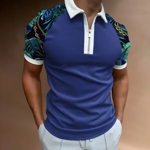 Men's Casual Chain Pattern Print Color Matching Short Sleeve Zipper Polo Shirt - Craftshock.com 