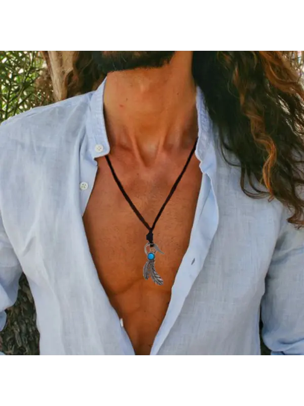 Retro Leather Rope Feather Necklace - Ootdmw.com 