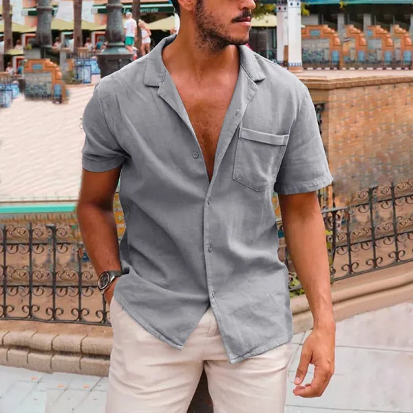 Men's Breathable Solid Color Short Sleeve Loose Cotton Shirt - Keymimi.com 