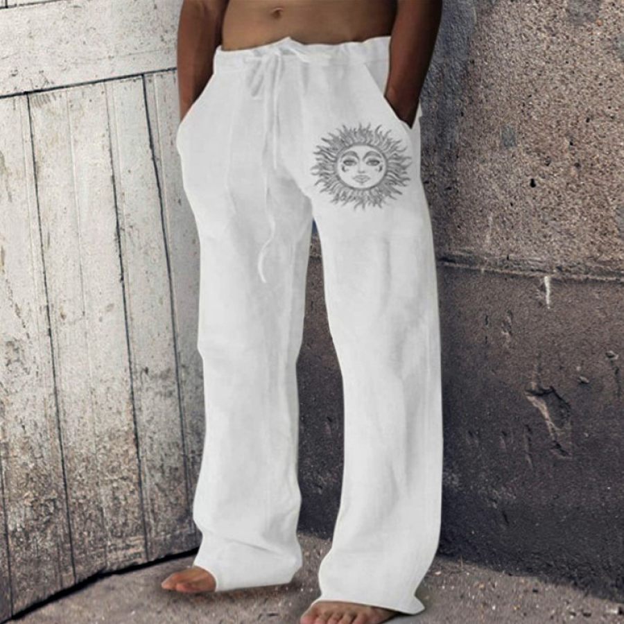 

Men's Printed Loose Straight Cotton Linen Drawstring Casual Pants