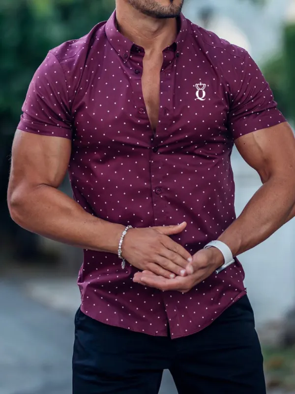Men's Fashion Crown Q Polka Dots Print Casual Short Sleeve Shirt - Sunshinetip.com 