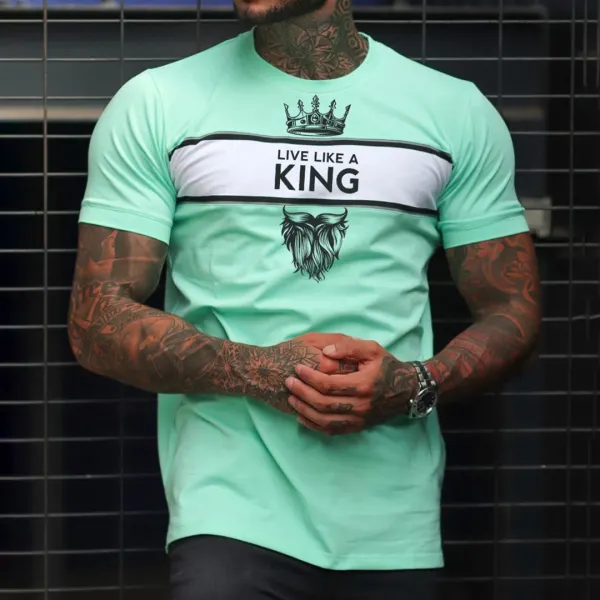 Men's Fashion Live Like A King Print Color Matching Casual Slim Fit Short Sleeve T-Shirt - Craftshock.com 