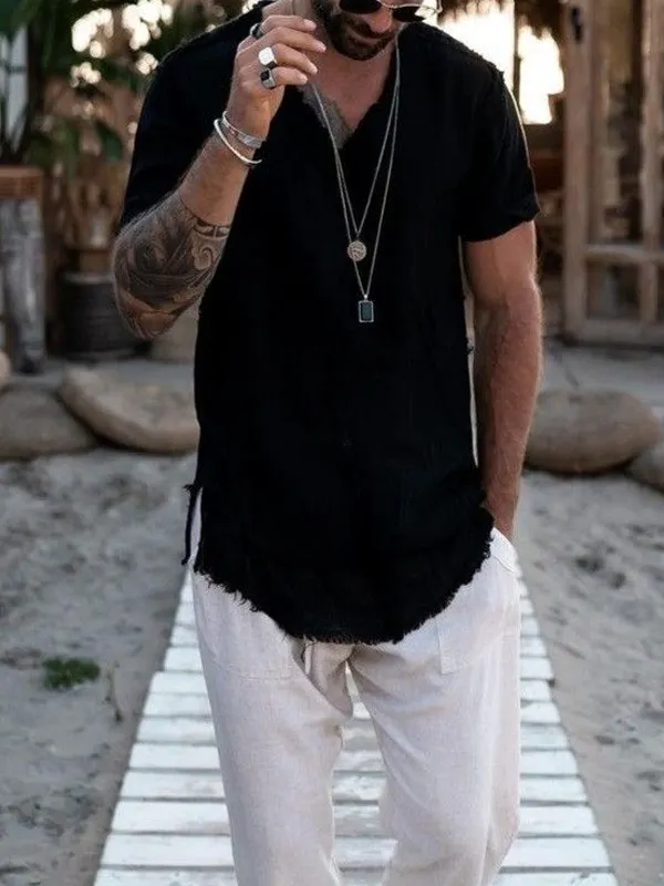 Men's Solid Color Cotton And Linen V Neck Casual Tee - Sunshinenice.com 
