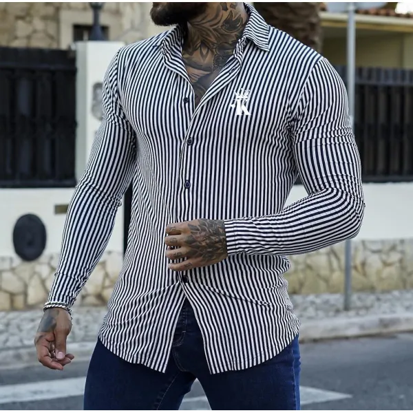 Men's Fashion Crown King Print Casual Shirt Slim Long-sleeved Stripe Cardigan - Spiretime.com 