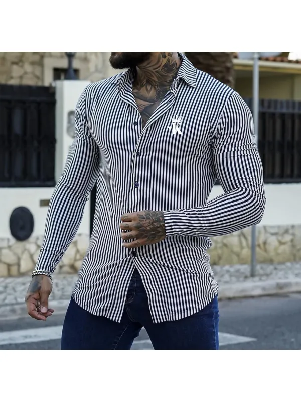 Men's Fashion Crown King Print Casual Shirt Slim Long-sleeved Stripe Cardigan - Timetomy.com 