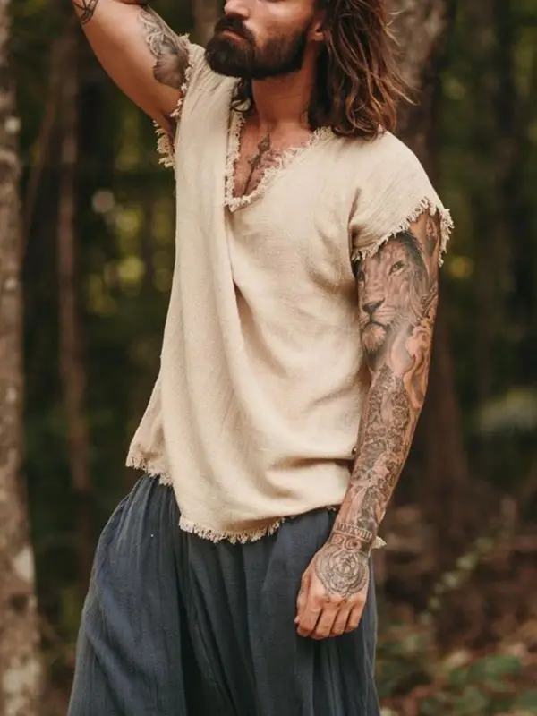 Mens Linen Minimalist Holiday Plain Tank Shirt - Sunshinenice.com 