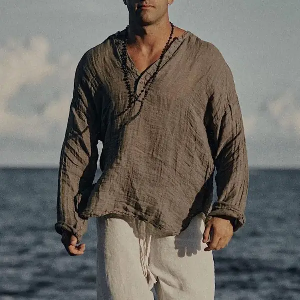 Men's Linen Half-open Collar Long-sleeved Shirt - Wayrates.com 