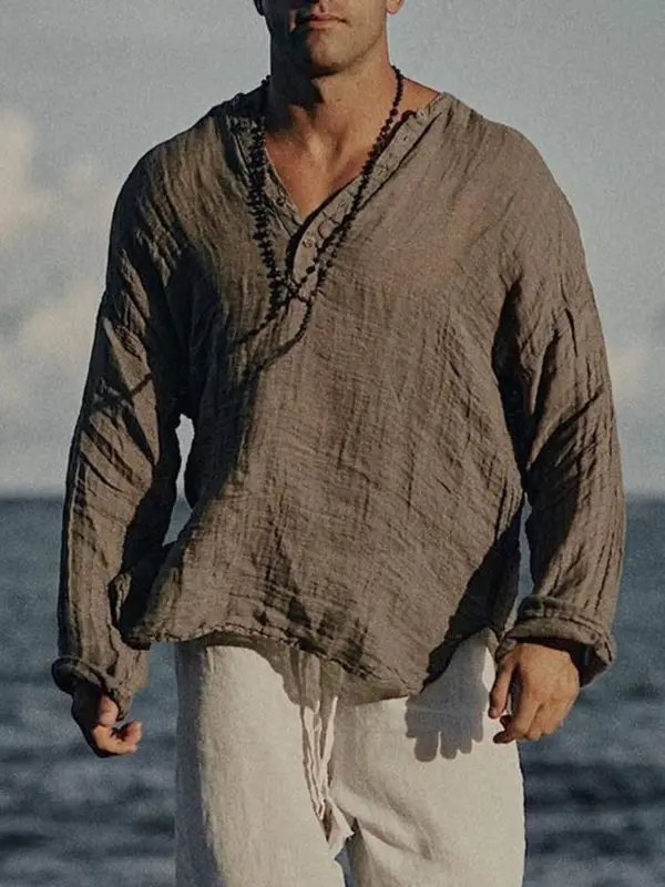 Men's Linen Half-open Collar Long-sleeved Shirt - Sunshinenice.com 