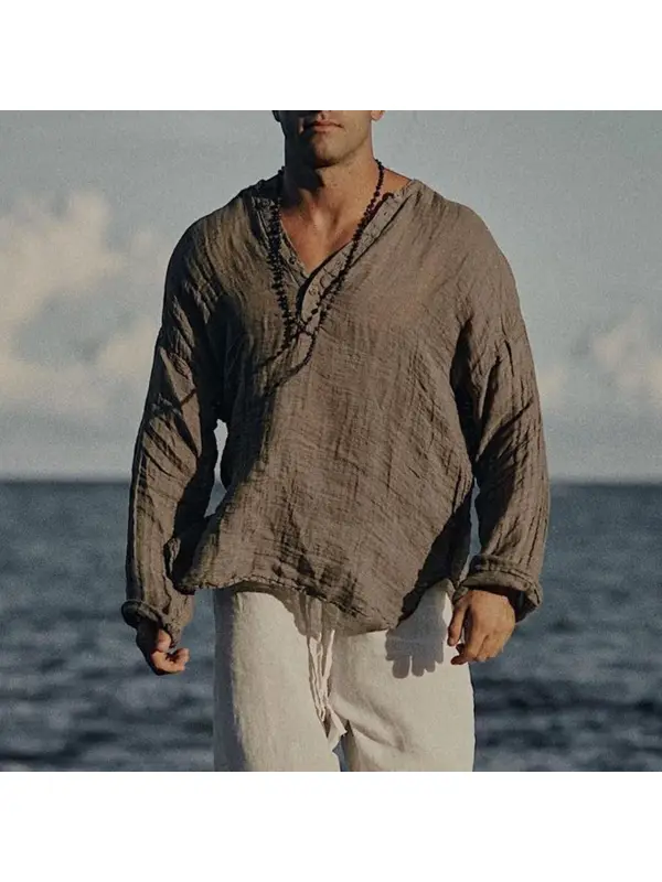 Men's Linen Half-open Collar Long-sleeved Shirt - Anrider.com 