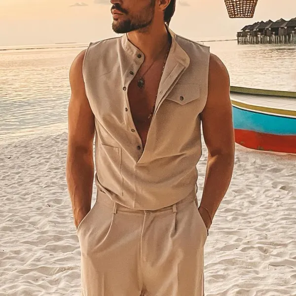 Men's Solid Color Sleeveless Beach Casual Shirt - Fineyoyo.com 