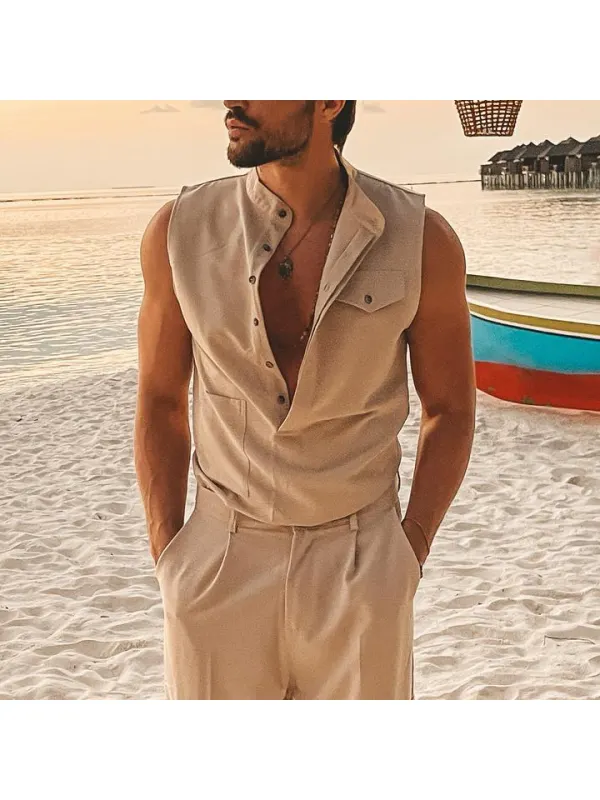 Men's Solid Color Sleeveless Beach Casual Shirt - Anrider.com 