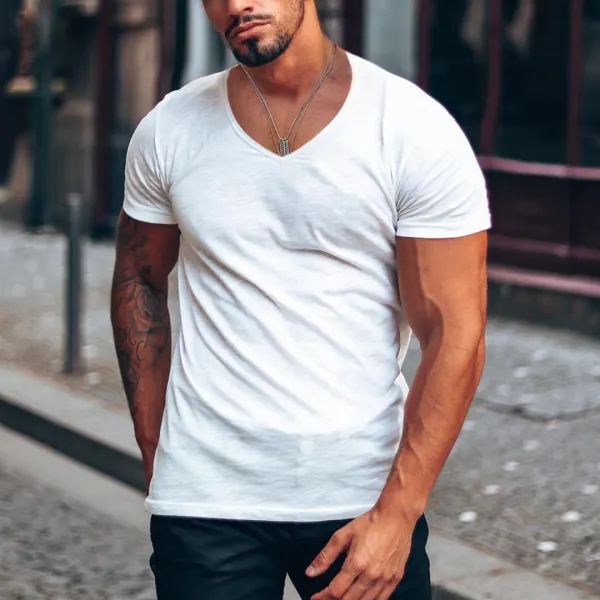 Men's Solid Color V-neck Casual Breathable T-Shirt - Fineesa.chimpone.com 
