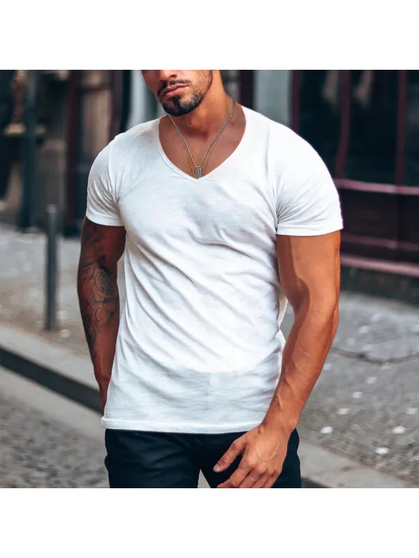 Men's Solid Color V-neck Casual Breathable T-Shirt - Ootdmw.com 
