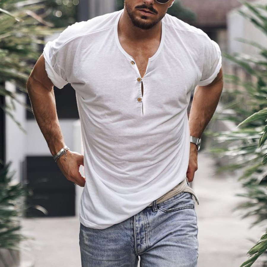 

Holiday Casual Solid Color Breathable Henley T-Shirt