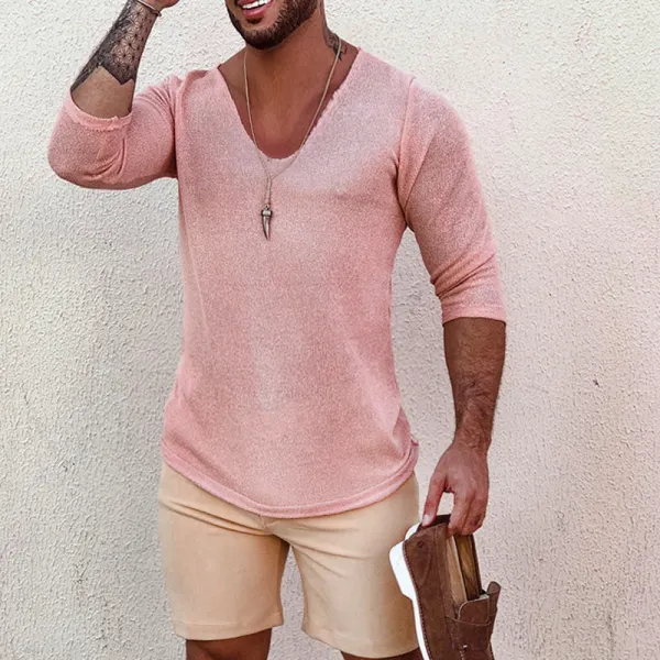 Men's Deep V Neck Breathable Linen Cotton Mid Sleeve T-Shirt - Keymimi.com 