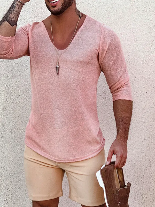 Men's Deep V Neck Breathable Linen Cotton Mid Sleeve T-Shirt - Menbarn.com 