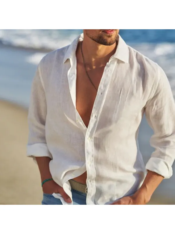 Men's Resort Style Solid Color Basic Fashion Loose Linen Shirt - Timetomy.com 