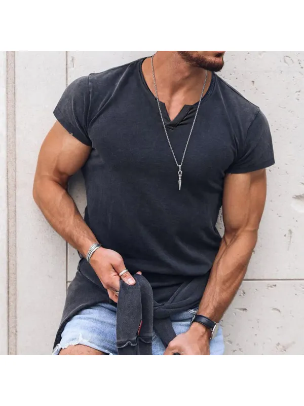 Men's V-neck Solid Color Breathable T-Shirt Casual Retro Outdoor Motorcycle Top - Spiretime.com 