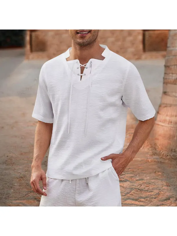 Men's Short Sleeve T-Shirt Cotton Linen Collar Casual Fashion Shirt - Anrider.com 