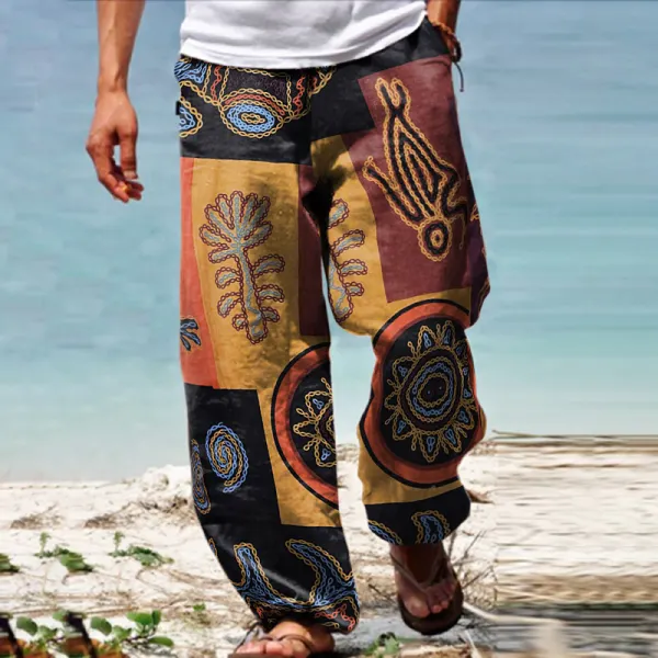 Men's Linen Western Ethnic Irregular Boho Print Double Pocket Stretch Loose Pants - Salolist.com 
