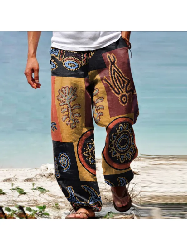 Men's Linen Western Ethnic Irregular Boho Print Double Pocket Stretch Loose Pants - Cominbuy.com 