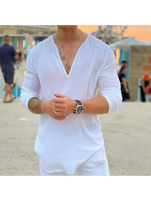 Casual Solid Color V-neck Long Sleeve T-shirt - Machoup.com 