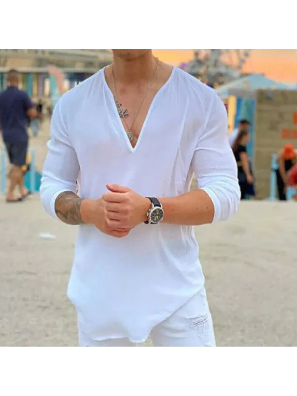 Casual Solid Color V-neck Long Sleeve T-shirt - Viewbena.com 