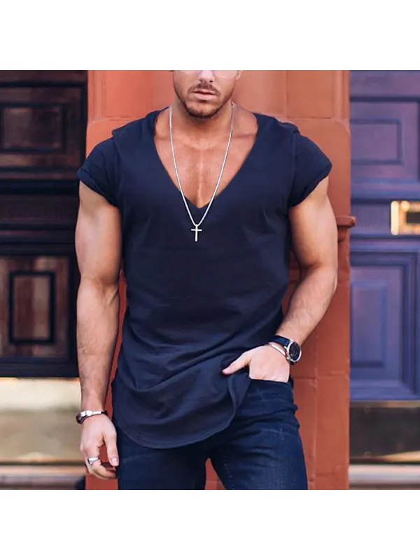 Men's Solid Color V-neck Casual Breathable T-Shirt - Realyiyi.com 