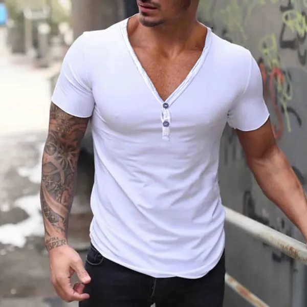 Men's Solid Color V-neck Casual Breathable T-Shirt - Keymimi.com 